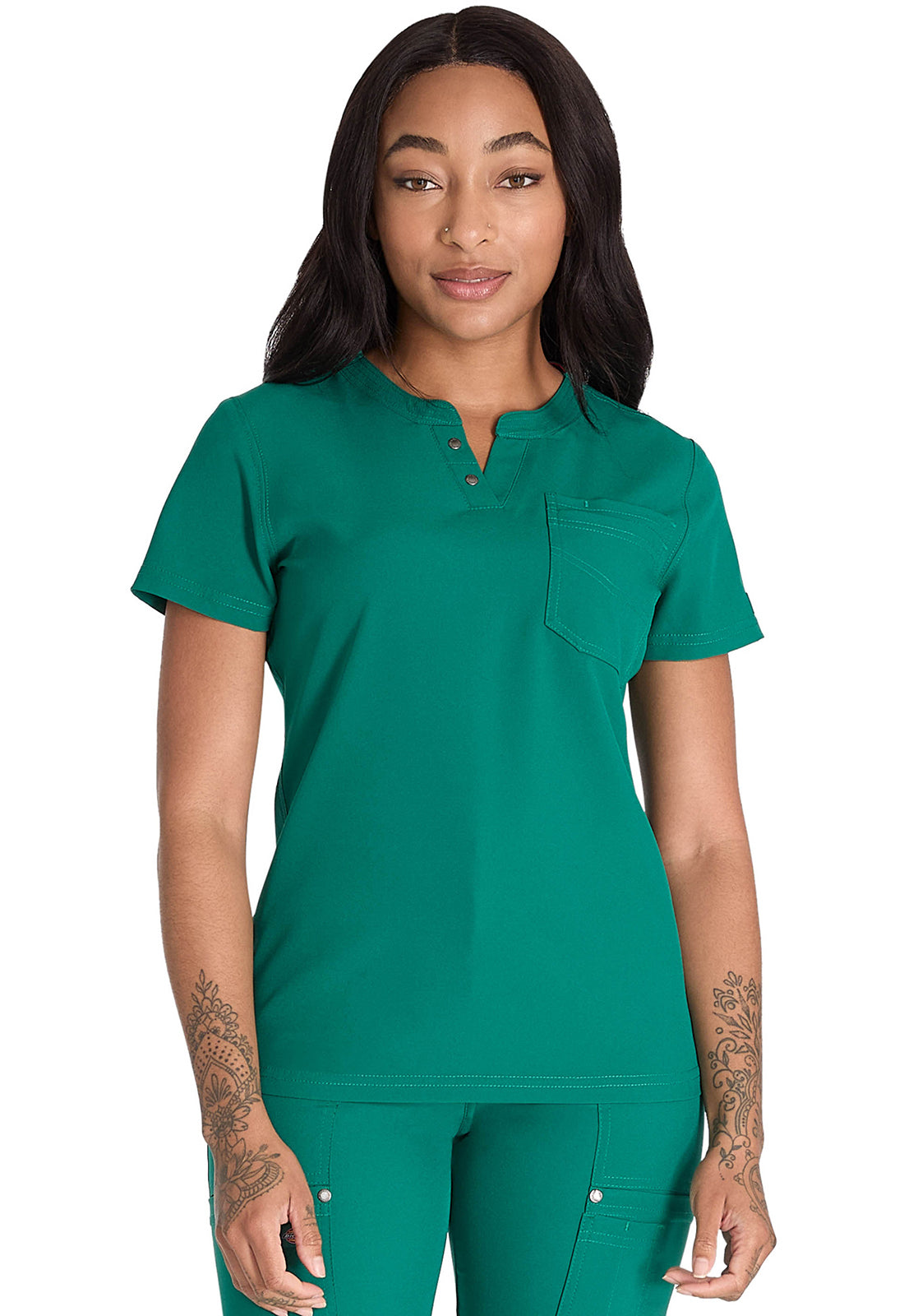 Women's Round Neck Henley Top - Hunter Green